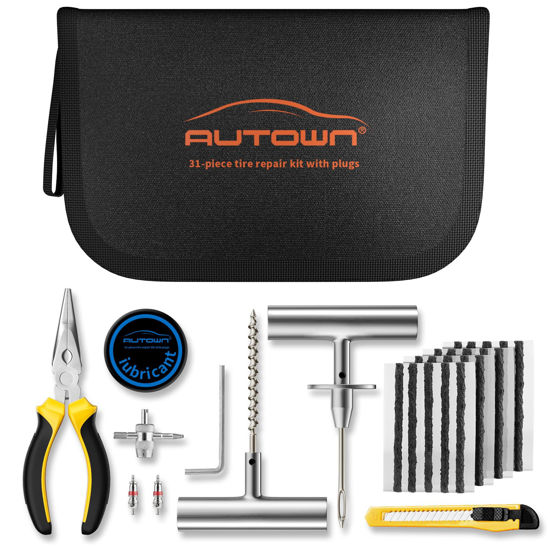 Picture of AUTOWN Flat Tire Repair Kit with Plugs 31 Pcs for Car, Motorcycle, ATV, Jeep, Truck, Tractor Flat Tire Puncture Repair