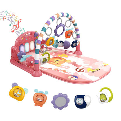 Picture of dearlomum Baby Play Mat Baby Gym,Funny Play Piano Tummy Time Baby Activity Mat with 5 Infant Sensory Baby Toys, Music and Lights Boy & Girl Gifts for Newborn Baby 0 to 3 6 9 12 Months (Pink)