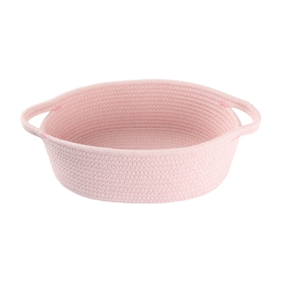 Picture of XUANGUO Small Woven Basket Cute Oval Cotton Rope Gifts Basket with Handle Empty Baby Wicker Storage Basket nursery Box Bin kids organizer Cat Dog toy basket Easter Basket light pink