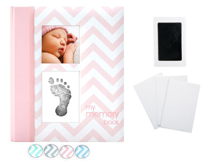 Picture of Pearhead Baby Memory Book, First 5 Years Baby Milestone Book, Pregnancy Journal, Gender Neutral Newborn Keepsake, With Clean-Touch Ink Pad For Baby's Handprint or Footprint, Pink Chevron