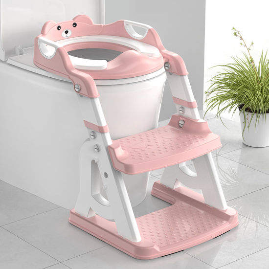 Picture of Meulife Potty Training Seat, Upgrade 2 in 1 Potty Training Toilet for Toddler, Toddler Toilet Seat for Boys Girls with Splash Guard, Anti-Slip Pad and Step Stool (Pink)