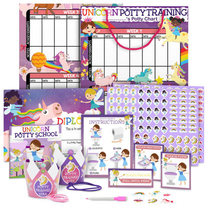 Picture of Potty Training Chart for Toddlers Girls, Unicorn Design - Sticker Chart, 4 Week Reward Chart - 213 Cute Stickers, Certificate, Instruction Booklet & Motivational Cards - Bonus Celebratory Crown