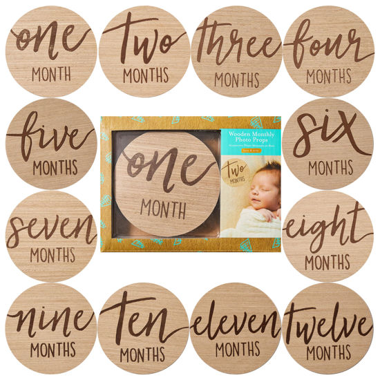 Picture of Kate & Milo Baby Monthly Milestone Marker Discs - Classic Cursive Script Wooden Discs with Reversible Photo Props for Baby Announcement and Milestones, Gender-Neutral Gift for Newborn Boy and Girl