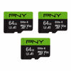 Picture of PNY 64GB Elite-X Class 10 U3 V30 microSDXC Flash Memory Card, 3 Count (Pack of 1) - 100MB/s, Class 10, U3, V30, A1, 4K UHD, Full HD, UHS-I, Micro SD