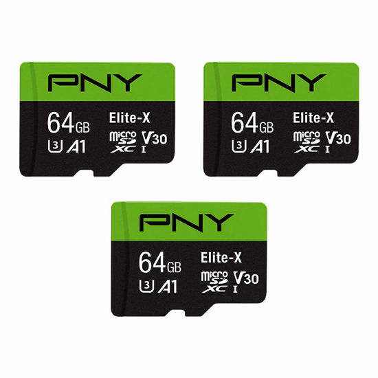 Picture of PNY 64GB Elite-X Class 10 U3 V30 microSDXC Flash Memory Card, 3 Count (Pack of 1) - 100MB/s, Class 10, U3, V30, A1, 4K UHD, Full HD, UHS-I, Micro SD