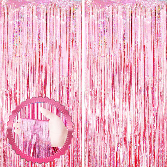Picture of Voircoloria 2 Pack Laser Pink Tinsel Foil Fringe Curtains, Valentines Day Pink Decorations, Metallic Tinsel Party Streamers Backdrop for Birthday Bachelorette Graduation Wedding Party Decorations