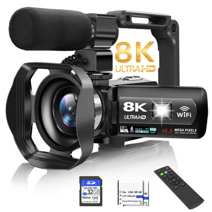 Picture of Video Camera, 8K Camcorder 48MP 15FPS UHD WiFi Vlogging Camera with IR Night Vision for YouTube, 3" Touch Screen 18X Digital Zoom, with Fill Light, Mic, Stabilizer, Lens Hood, Remote and 2 Batteries