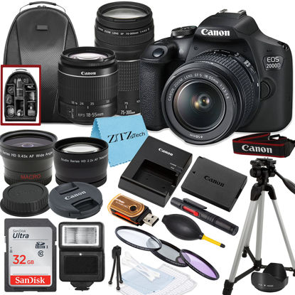 Picture of Canon EOS 2000D / Rebel T7 DSLR Camera EF-S 18-55mm Lens + SanDisk 32GB Card Tripod Case Wideangle Lenses ZeeTech Accessory Bundle (20pc Bundle) (18-55MM 75-300MM, Card) (Renewed), Black /Multicolor