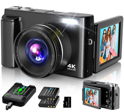 Picture of 4K Digital Camera for Photography Autofocus, 2024 Latest 48MP Vlogging Camera for YouTube with SD Card, 2 Batteries, 3" 180°Flip Screen Compact Travel Camera for Teens with 16X Zoom, Anti-Shake,Black