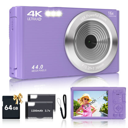 Picture of Digital Camera for Teens, FHD 4K 44MP Digital Camera Purple with 64GB SD Card 16X Digital Zoom, Cameras for Photography Compact Point and Shoot Camera for Teen Boys Girls Kids Camera Digital Purple