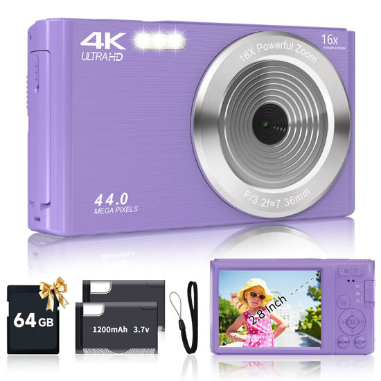 Picture of Digital Camera for Teens, FHD 4K 44MP Digital Camera Purple with 64GB SD Card 16X Digital Zoom, Cameras for Photography Compact Point and Shoot Camera for Teen Boys Girls Kids Camera Digital Purple