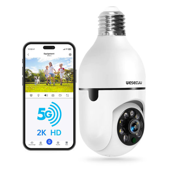 Picture of WESECUU Light Bulb Security Camera -5G& 2.4GHz WiFi 2K Security Cameras Wireless Outdoor Motion Detection and Alarm,Two-Way Talk,Color Night Vision,Human Detection, Bulb Camera Compatible with Alexa