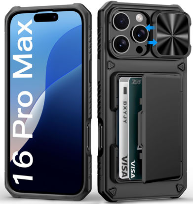 Picture of BXYJY for iPhone 16 Pro Max Case Wallet, Built-in Card Holder (4-5 Cards), Slide Camera Cover, Military Drop Protection, Rugged Heavy Duty Men Women Protective Phone Case for iPhone 16 Pro Max, Black