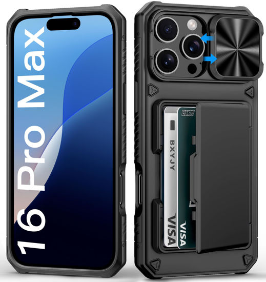 Picture of BXYJY for iPhone 16 Pro Max Case Wallet, Built-in Card Holder (4-5 Cards), Slide Camera Cover, Military Drop Protection, Rugged Heavy Duty Men Women Protective Phone Case for iPhone 16 Pro Max, Black