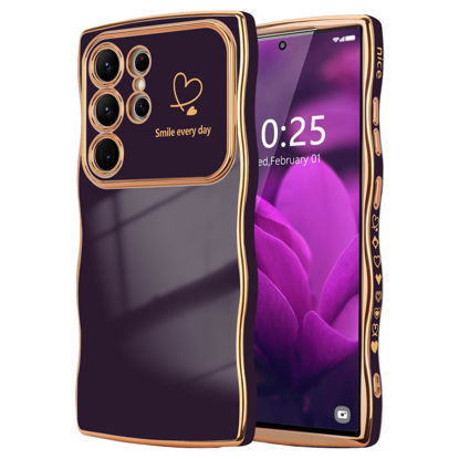 Picture of LCHULLE for Samsung Galaxy S24 Ultra Case for Women Girls, Cute Wave Frame Curly Shape with Love Heart Raised Camera Protection Luxury Plating Shockproof Phone Case for Galaxy S24 Ultra 5G,Dark Purple