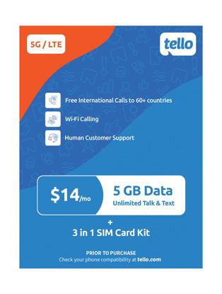 Picture of $14/Month - 5GB Data + Unlimited Minutes & Texts | Tello Mobile Prepaid Phone Plan | Bring Your Own Phone Kit | 3 in 1 SIM Card Included | US Nation-Wide 4G LTE/5G Coverage
