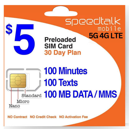 Picture of SpeedTalk Mobile $5 Prepaid Wireless Pay Go Plan for Smartphones & Cellphones | 5G 4G LTE | 100 Talk, 100 Text, 100 MB Data |Triple Cut (Mini,Micro,Nano) Sim Card | No Contract | 30-Day Service