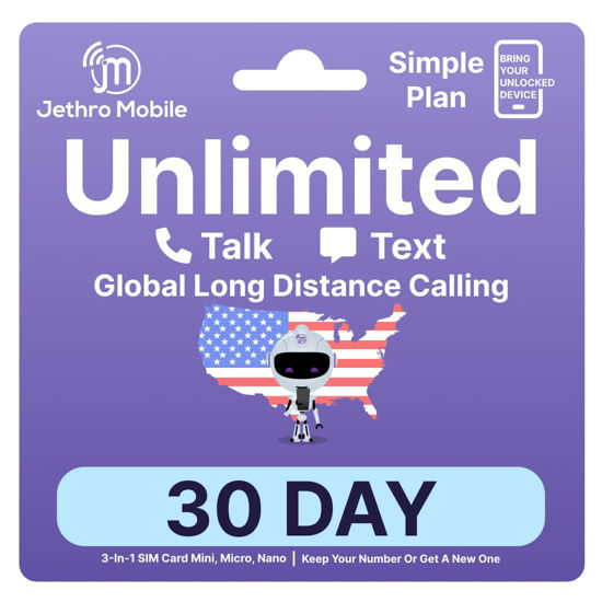 Picture of Jethro Mobile Unlimited Talk & Text Plan (No Internet Data), Suitable for Seniors, Kids, Students and Dumb Phones, 3-in-1 SIM Card Kit, Prepaid Phone Plan (30 Days)