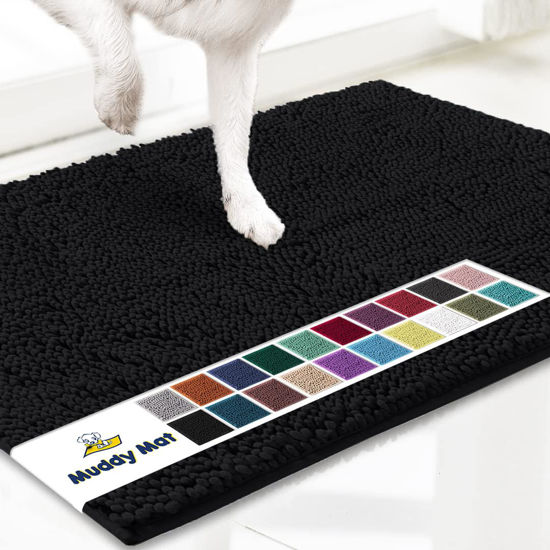 Picture of Muddy Mat® Shown on TV - Super Absorbent Microfiber Dog Door Mat for Muddy Paws, Non-Slip Washable Pet Rug, Quick Dry Chenille Entryway Carpet, Machine Washable Indoor Outdoor mat, Black 30"x19"