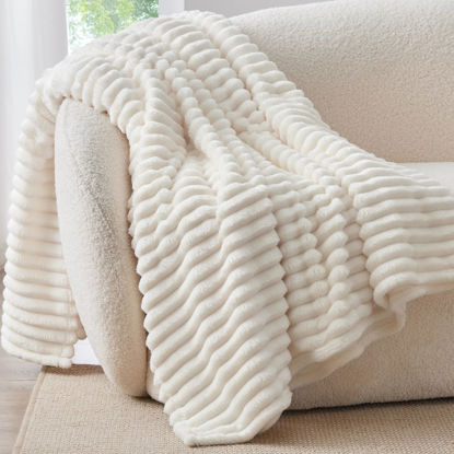 Picture of BEDELITE Fleece Throw Blanket for Couch - 300GSM Soft & Warm Fluffy Cream White Blanket, Decorative and Giftable Striped Blankets for Women, Men, 50"x60"
