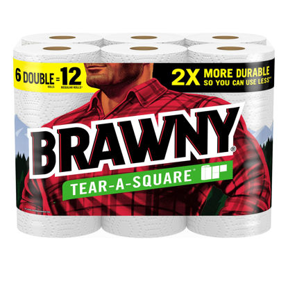 Picture of Brawny Tear-A-Square Paper Towels, 6 Double Rolls = 12 Regular Rolls, 3 Sheet Sizes (Quarter, Half, Full), Strength for All Messes, Cleanups, and Meal Prep