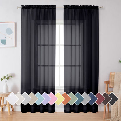 Picture of Simplebrand Black Sheer Curtains 84 Inches Long, Light Filtering Rod Pocket Solid Color Window Sheer Curtain Panels, Elegant Curtains & Drapes for Living Room, Bedroom 2 Panels (Black, 42" W x 84" L)