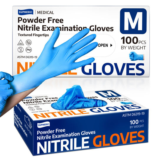 Picture of Supmedic Nitrile Exam Glove, 3.5 mil Disposable Medical Gloves Powder-Free Latex-Free, Box of 100 pcs (Blue) (Medium)