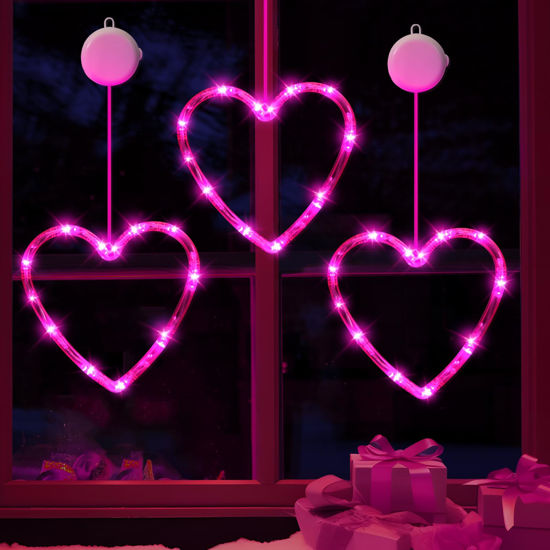 Picture of LYUBASA 3 Pack Valentines Day Window Lights Decorations with Timer, Battery Powered Hanging Pink Lighted Heart Shaped Sucker LED Lamp for 2025 Holiday Fireplace Indoor Home Decor