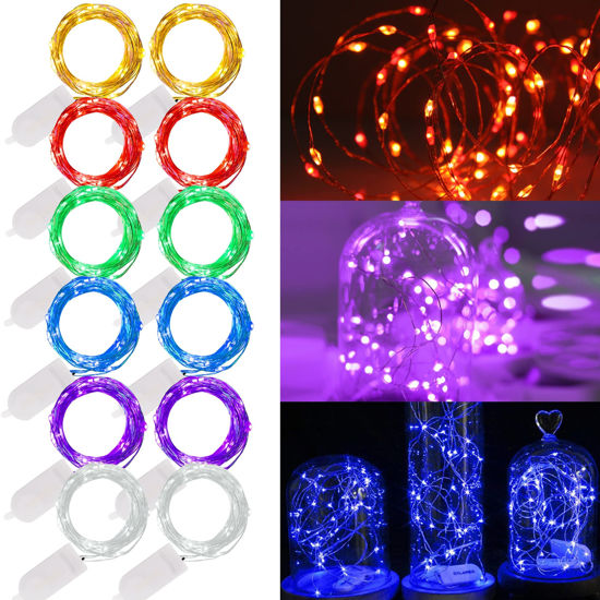 Picture of WATERGLIDE 12 Pack Fairy Lights Battery Operated (Included), 6.5ft 20 LED Mini String Lights, Waterproof Silver Wire Firefly Starry Lights for DIY Wedding Christmas Party Mason Jars Decor, Multicolor
