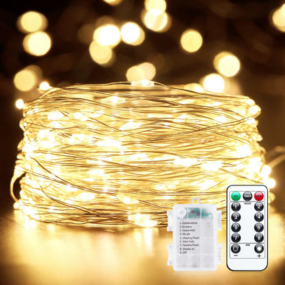 Picture of 33Ft 100 LED Outdoor String Lights, Warm White Fairy Lights Battery Operated with Remote, Waterproof Twinkle Lights for Bedroom Dorm Patio Tapestry Backyard Garden Party Indoor Christmas Decoration