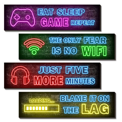 Picture of 4 Pcs Printed Neon Gaming Posters, Teen Boys Room Decorations, gamer wall art Decor for bedroom Wooden
