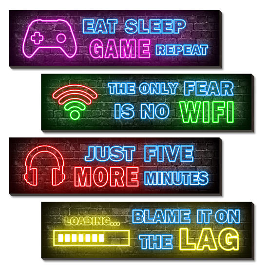 Picture of 4 Pcs Printed Neon Gaming Posters, Teen Boys Room Decorations, gamer wall art Decor for bedroom Wooden
