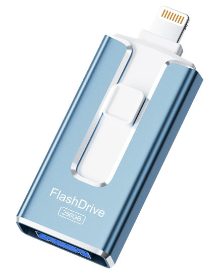 Picture of MFi Certified 256GB Flash Drive for iPhone iPad, Photo Stick for External Memory Storage, Easily Back Up and Save Files, USB Memory Stick Thumb Drive for iPhone/iPad/Android/PC (Blue, 256GB)