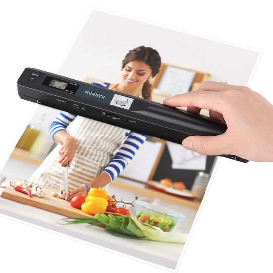 Picture of MUNBYN Portable Scanner, Photo Scanner for A4 Documents Pictures Pages Texts in 900 Dpi, Flat Scanning, Include 16G SD Card, Wand Document Reader Uploads Images to Computer Via USB Cable, No Driver