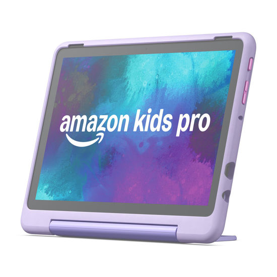 Picture of Amazon Fire HD 10 Kids Pro tablet (newest model) ages 6-12. Bright 10.1" HD screen, includes ad-free content, robust parental controls, 13-hr battery and slim case for older kids, 32 GB, Happy Day