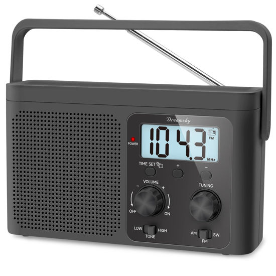 Picture of DreamSky AM FM Radio Portable - Shortwave Radio Battery Powered or Plug in Wall for Home Outdoor, Strong Reception, Large Dial Easy to Use, Digital Time Display, Transistor Antenna, Seniors Small Gfit