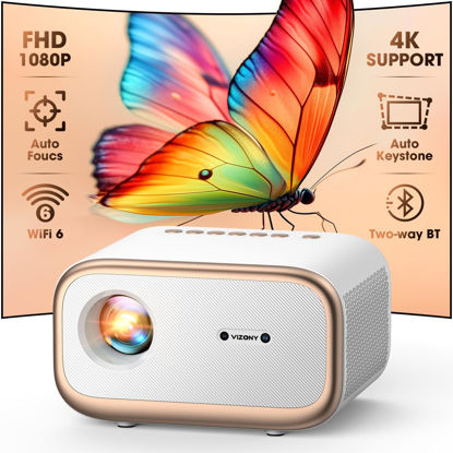 Picture of [Auto Focus/Keystone] Mini Projector with WiFi and Two-way Bluetooth, VIZONY Native 1080P Projector 4K Support w/50%Zoom/4P4D, Full Sealed, 450ANSI Portable Home Movie Projector (Gold White)