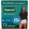Picture of Depend Fresh Protection Adult Incontinence Underwear for Men, Disposable, Maximum, Large, Grey, 72 Count (2 Packs of 36), Packaging May Vary