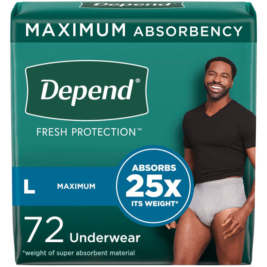 Picture of Depend Fresh Protection Adult Incontinence Underwear for Men, Disposable, Maximum, Large, Grey, 72 Count (2 Packs of 36), Packaging May Vary