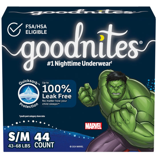Picture of Goodnites Boys' Nighttime Bedwetting Underwear, Size S/M (43-68 lbs), 44 Ct (2 Packs of 22), Packaging May Vary