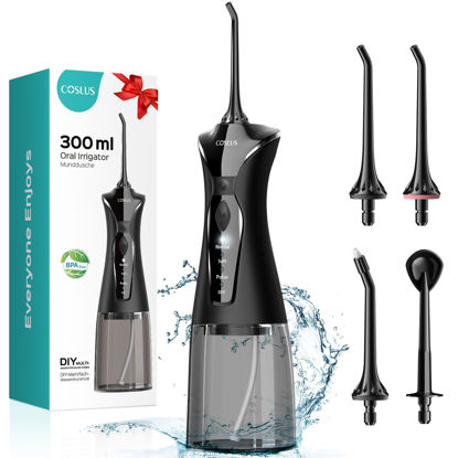 Picture of COSLUS Water Dental Flosser Pick for Teeth: 4 Modes Cordless Portable 300ML Larger Tank Water Teeth Cleaner IPX7 Waterproof Flossing Cleaning Picks for Home Travel FC5360
