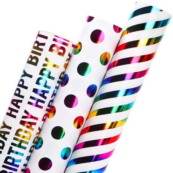Picture of Ribbli Birthday Wrapping Paper Iridescent Gift Wrapping Paper Mini Roll, 3 Rolls Happy Birthday Polka Dots Stripes Printed Assortment - 17 inch x 120 inch(10feet) Per Roll