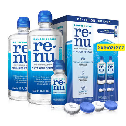 Picture of Renu Contact Lens Solution Multipurpose Disinfectant, Advanced Formula Lens Cleaner, Cleans & Moisturizes Soft & Silicon Hydrogel Lenses, Multi-Pack 16 Fl Oz (Pack of 2) + 2 Fl Oz Travel Size