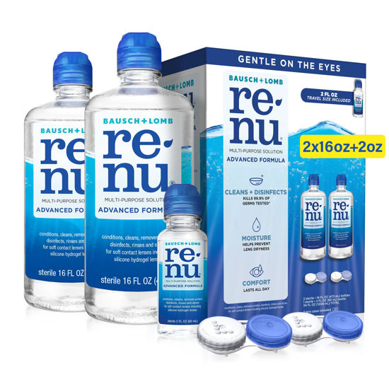Picture of Renu Contact Lens Solution Multipurpose Disinfectant, Advanced Formula Lens Cleaner, Cleans & Moisturizes Soft & Silicon Hydrogel Lenses, Multi-Pack 16 Fl Oz (Pack of 2) + 2 Fl Oz Travel Size