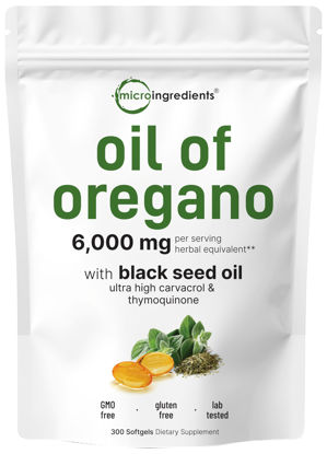 Picture of Micro Ingredients Oil of Oregano Softgels 6000mg Per Serving, 300 Count | 2 in 1 Formulated with Black Seed Oil 200mg, 4X Strength Carvacrol & Thymoquinone | Plant Based, Non-GMO & Immune Support