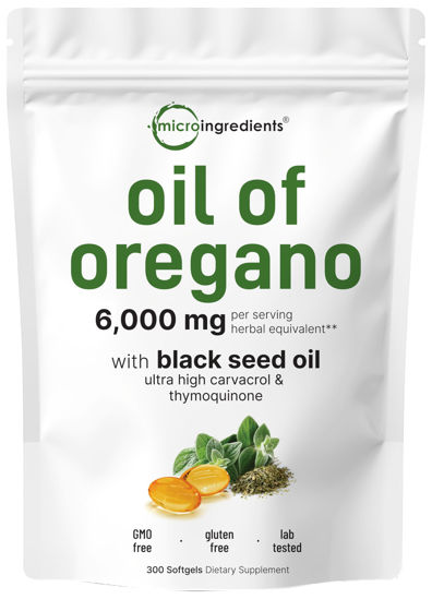 Picture of Micro Ingredients Oil of Oregano Softgels 6000mg Per Serving, 300 Count | 2 in 1 Formulated with Black Seed Oil 200mg, 4X Strength Carvacrol & Thymoquinone | Plant Based, Non-GMO & Immune Support