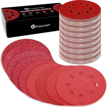 Picture of Pukamam 170 Pcs 5 inch Sanding Discs 40 60 80 120 180 240 320 400 600 Grit 8 Hole Hook and Loop Round Sandpaper for Random Orbital Sander