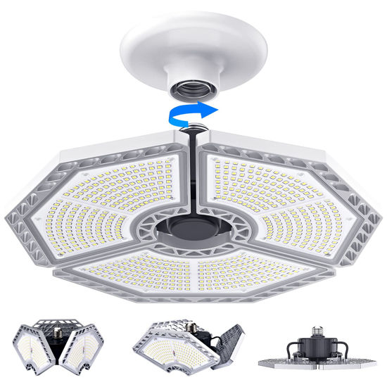 Picture of LED Garage Lights, 140W 18500 Lumens Garage Lighting, 6000K Daylight with Deformable Three Panels Garage Ceiling Light Fixture E26/E27 Triple Glow LED Shop Light for Garage Basement Workshop Warehouse