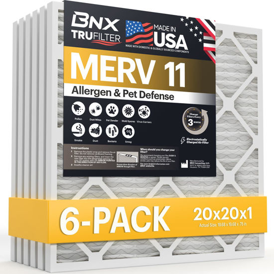 Picture of BNX TruFilter 20x20x1 Air Filter MERV 11 (6-Pack) - MADE IN USA - Allergen Defense Electrostatic Pleated Air Conditioner HVAC AC Furnace Filters for Allergies, Dust, Pet, Smoke, Allergy MPR 1200 FPR 7