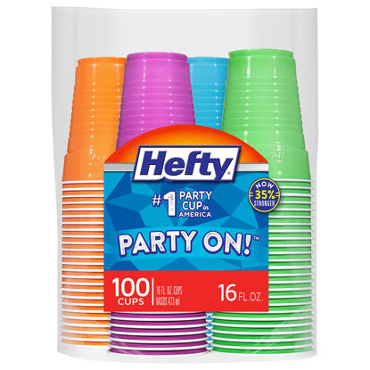 Picture of Hefty Party On Disposable Plastic Cups, Assorted, 16 Ounce, 100 Count